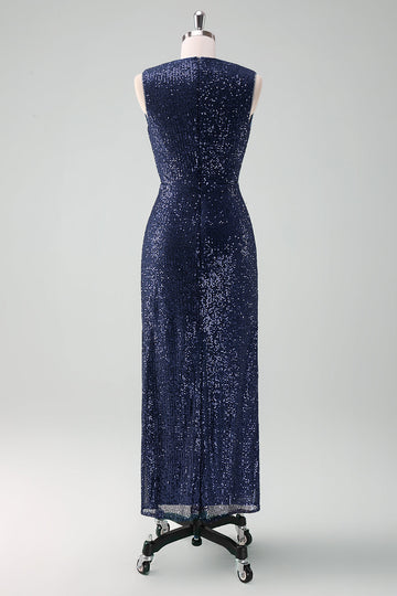 Vestido de invitada de boda sin mangas con escote en V azul marino